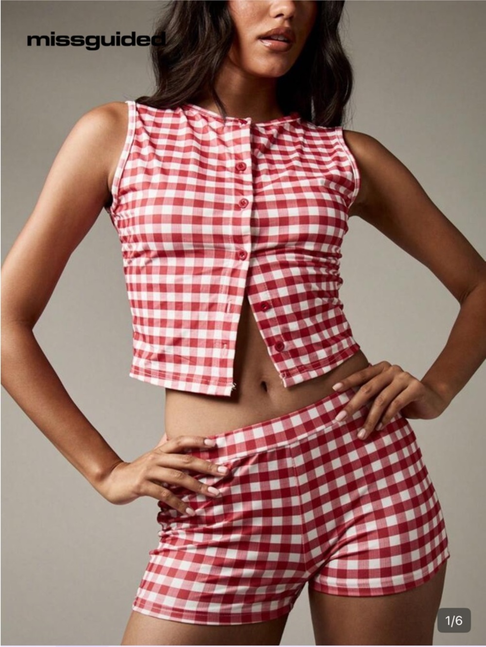 Missguided Red and White Gingham Sleeveless Cotton Romper - Picture 3 of 3